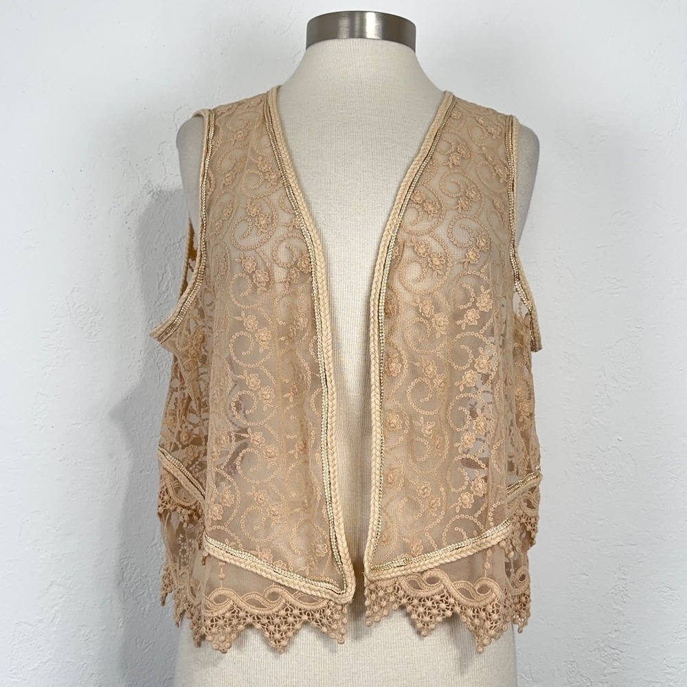 Boho Romantic Fairy Vest Large XL Floral Embroidered Crochet Sheer Dainty Open